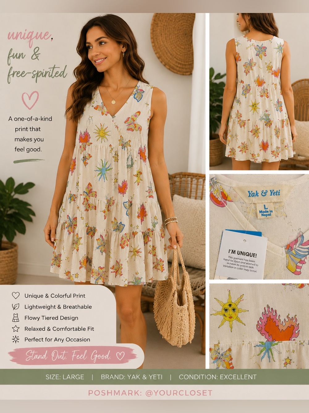 Yak & Yeti Butterfly Print Mini Dress Size L Beige Multicolor